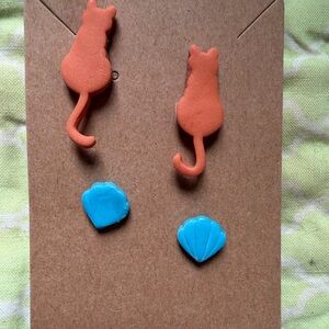 Orange Cat and Blue Shell Handmade Polymer Clay Earrings